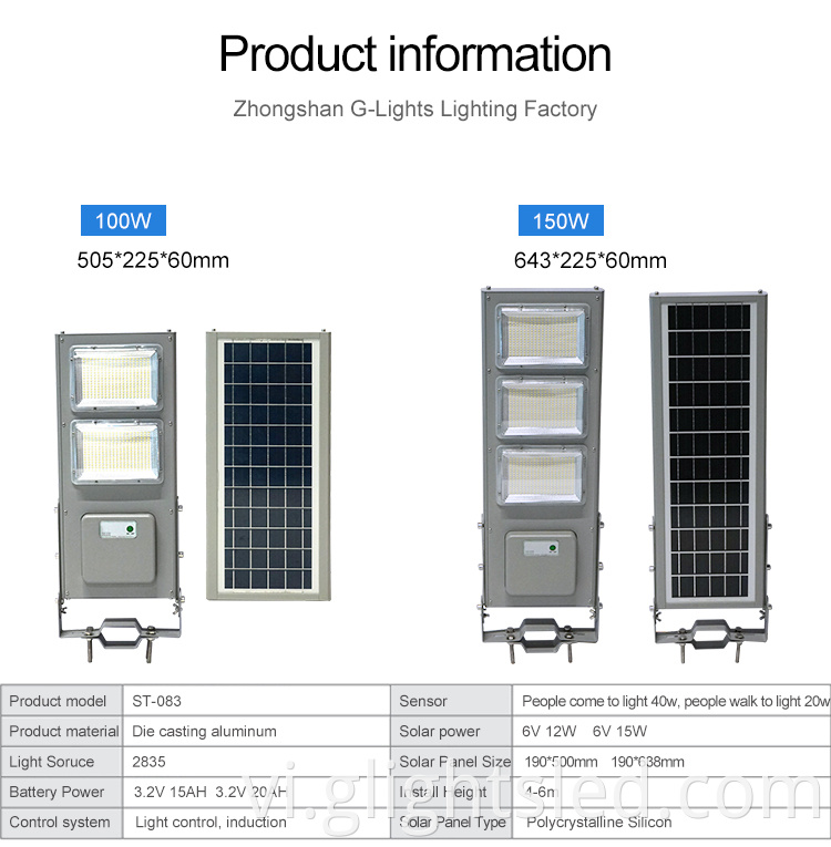 Ánh sáng ngoài trời sân chất lượng cao 100w 150w tất cả trong một đường phố đèn sân vườn năng lượng mặt trời